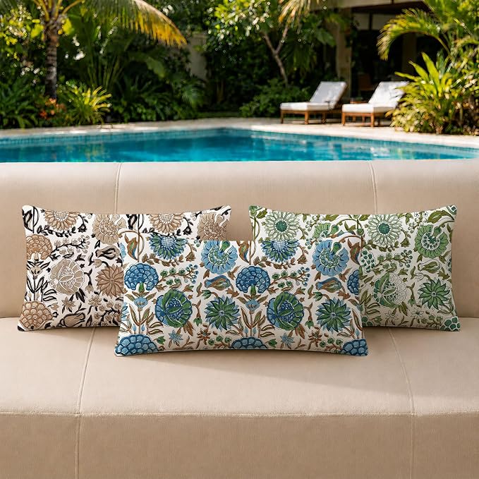 Allorry Outdoor Waterproof Pillow Covers 12x20 Green Floral Outdoor Decor | Set of 2 Vintage Floral Block Print Pillow Cover,Farmhouse Boho Decorative for Spring Summer Outdoor Sofa Bedroom Decor