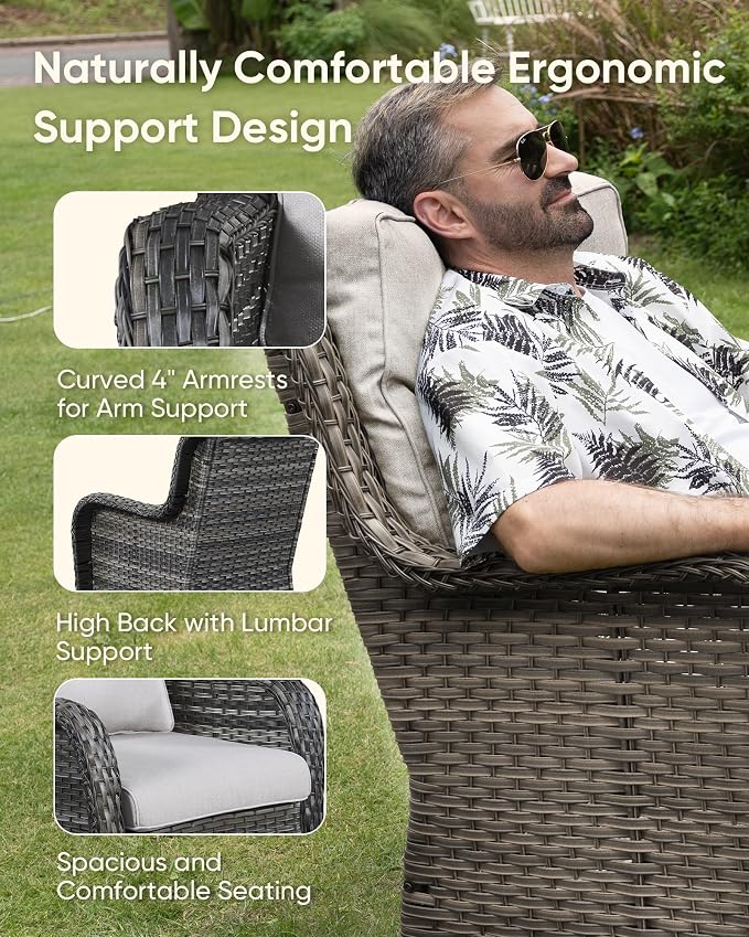 HUMMUH 8 Pieces Outdoor Patio Furniture Set with Fire Pit,L-Shaped Modular Sectional Couches with Swivel Patio Chairs,Wicker Conversation Set for Deck,Backyard,Porch,Garden