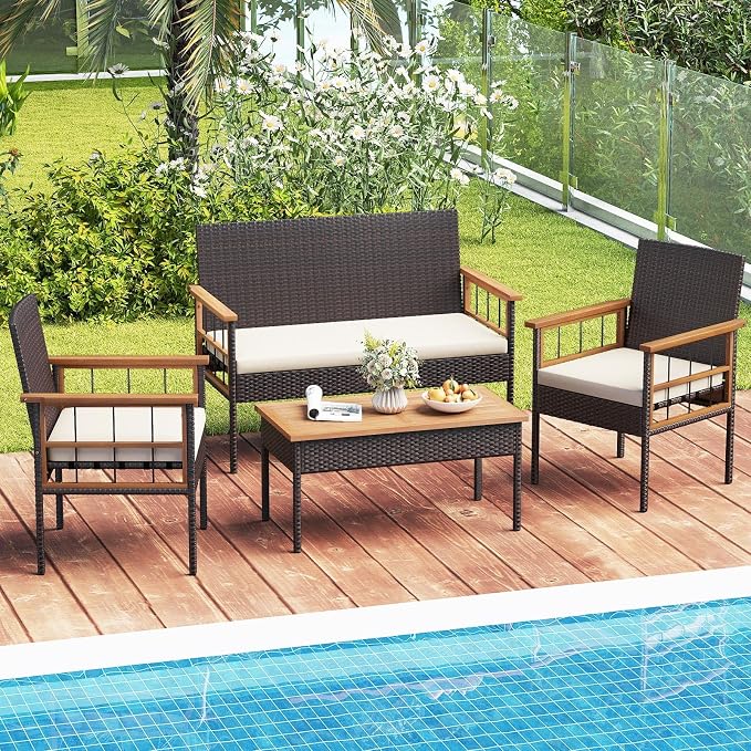 Tangkula 4 Pieces Wicker Patio Conversation Furniture Set, Outdoor Rattan Cushioned Armchairs & Coffee Table Set with Acacia Wood Tabletop for Backyard, Porch, Balcony (Off White)