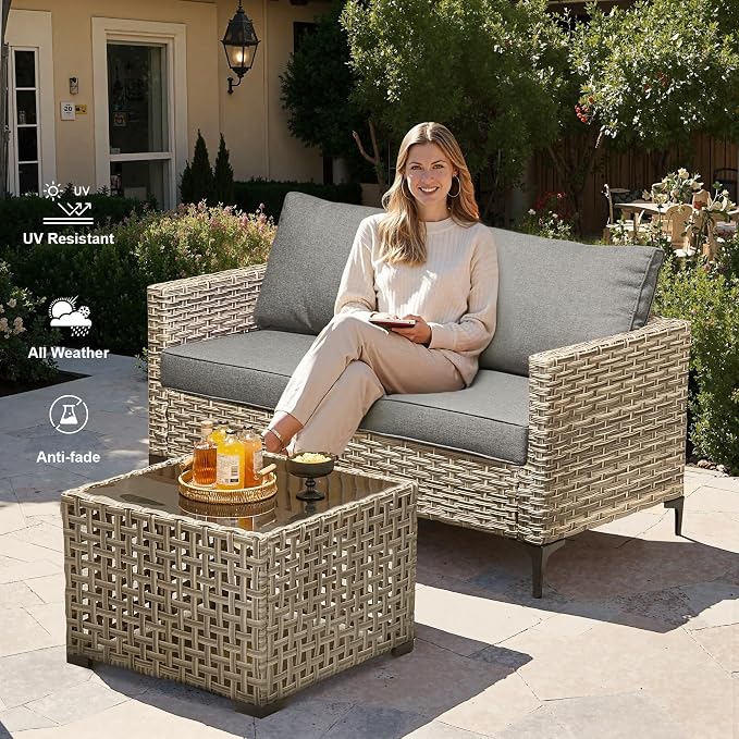 Outdoor Patio Furniture Sets,9 PCS Patio Conversation Set Outside Rattan Sectional Sofa with 42 in Square Fire Pit Table Wicker Rocking Chair Coffee Table Fit Backyard Garden Poolside Balcony