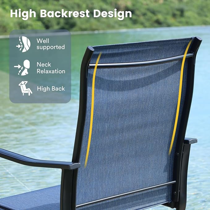VICLLAX Patio Dining Set for 4, 5 Pieces Outdoor Furniture Includes 40.6" Round Patio Table with Umbrella Hole and 4 Outdoor Swivel Chairs for Lawn Garden, Black Tabletop and Blue Fabric