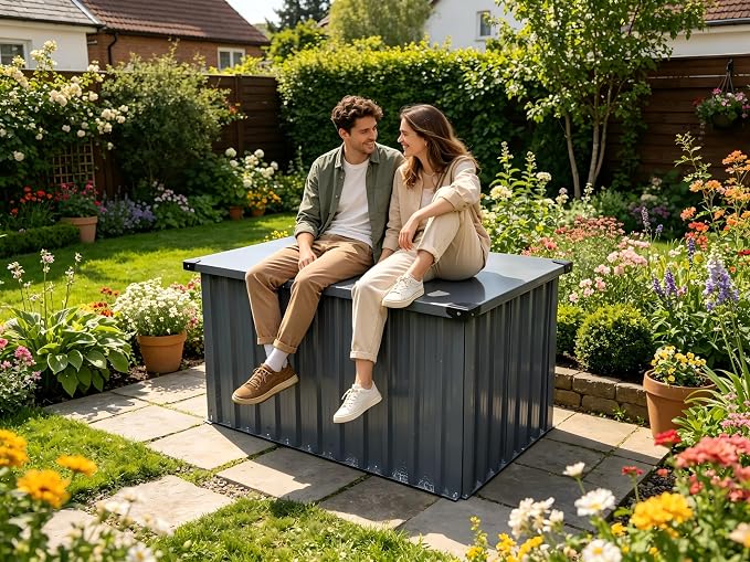 Garvee Outdoor Storage Box, 180 Gallon Waterproof Metal Storage Box, Outdoor Deck Boxes, UV Resistant Patio Storage Box with Lockable Lid for Patio Furniture Cushions, Pillows, Garden Tools, Blank
