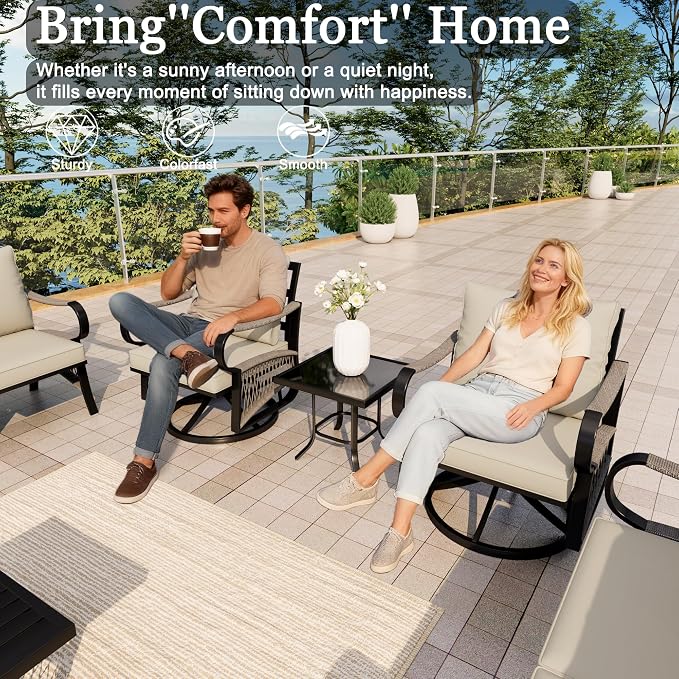 10 Pieces Patio Conversation Sets, All-Weather Metal Swivel Rocking Chairs with Rope Furniture Set, Outdoor Sofa Couch for Deck, Porch, Garden, Backyard, Poolside (Beige Cushions)
