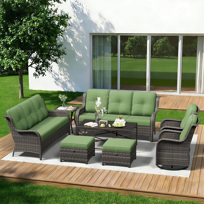 8 Piece Outdoor Wicker Patio Furniture Set, Outdoor Swivel Rocker Patio Chairs Set with Thickened Olefin Cushions, High Back and Deep Seating, Hand-Woven PE Rattan for Porch, Deck