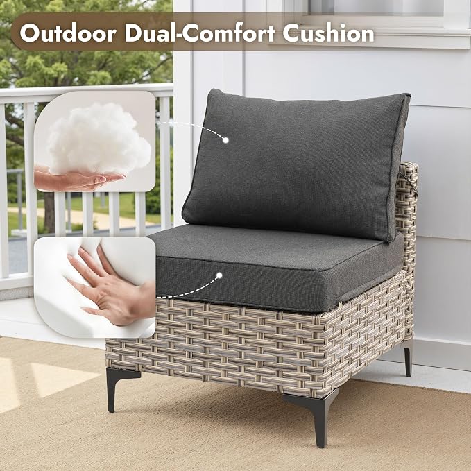 6 Pieces Patio Furniture Set with 42" Fire Pit, All-Weather Rattan Outdoor Sectional Conversation Sets L Shaped Sofas with Solar Light Coffee Table for Porch Balcony Backyard Black