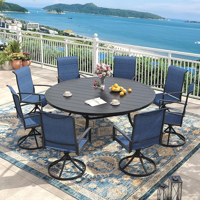 Outdoor Dining Set for 8, 63" Outdoor Dining Table with Umbrella Hole and Padded Textilene Patio Swivel Chairs, 9 Pieces Patio Table and Chairs Set for Garden Backyard, Dark Blue and Black