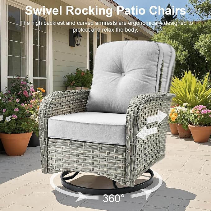 Outdoor Patio Furniture Sets,9 PCS Patio Conversation Set Outside Rattan Sectional Sofa with 42 in Fire Pit Table Wicker Rocking Chair Coffee Table Fit Backyard Porch Garden Poolside Balcony
