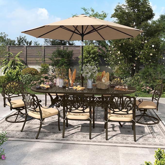 9-Piece Outdoor Dining Set, Retro Bronze Cast Aluminum Patio Furniture Include 86.6" Oval Table and 8 Fixed Chairs with Cushion and Umbrella Hole for Patio Deck Garden