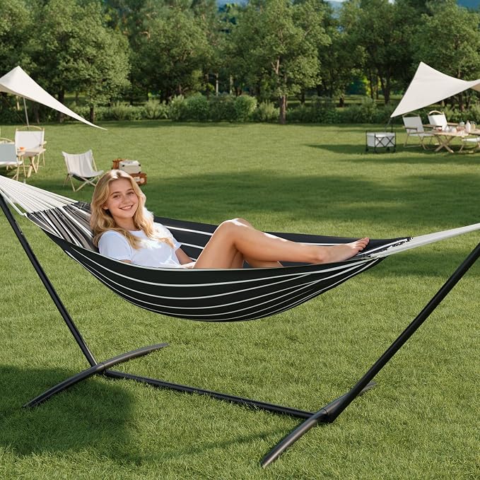 GarveeHome Double Hammock with Stand - Heavy Duty 450lbs Capacity, Portable Cotton Hammock for Two Adults, Indoor & Outdoor Use with Travel Bag, Chasm Stripe Pattern