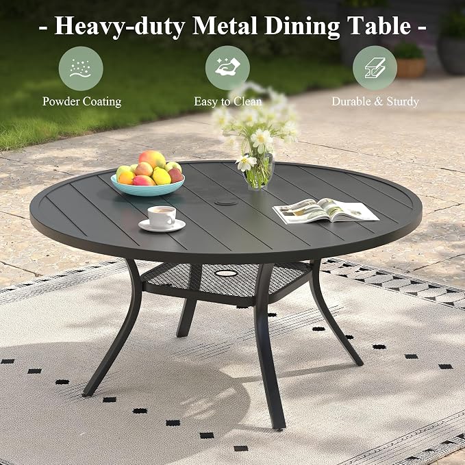 Round Patio Dining Set for 6, 47.2" Round Metal Table with Umbrella Hole and Stackable Wicker Patio Chairs, Outdoor Furniture Set for Deck Backyard Garden, Walnut Chairs, Black Table