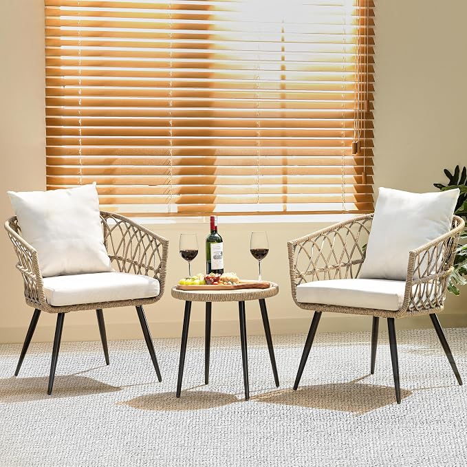 Idzo Heavy Duty 500lbs Weight Capacity Wicker Bistro Table and Chairs Set of 2 with Premium Olefin Fabric Soft Cushions