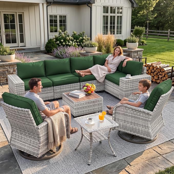 9-Piece Outdoor Patio Furniture Set with Rocking Swivel Chair Wicker Sectional Sofa Set, Patio Conversation Set with Thickened Cushions & Coffee Table for Garden, Backyard, Green