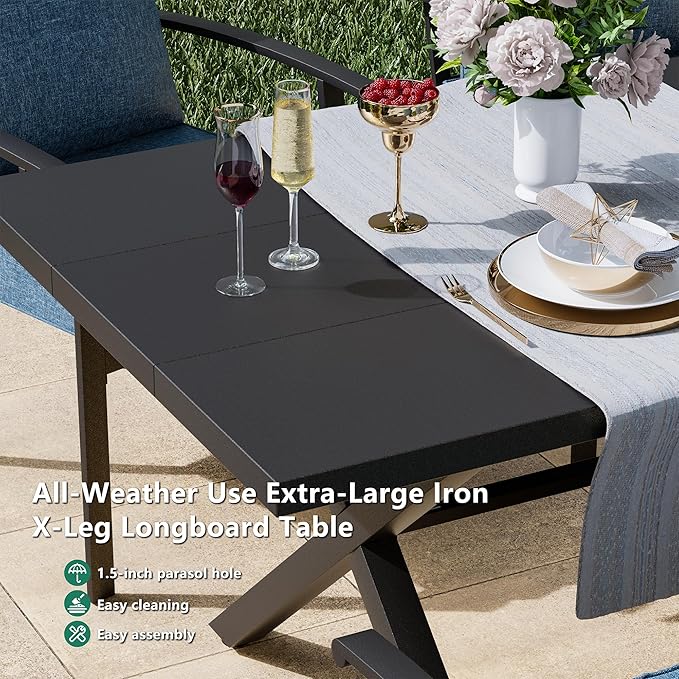 Kullavik 9 Pieces Outdoor Dining Set,Patio Dining Table and Chairs Set for 8,Fence Pattern Back Chairs with Thickened Cushions & Rectangular Metal Dining Table with Umbrella Hole for Patio,Navy Blue