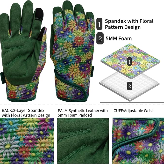 Cute Pattern Gardening Gloves,Thornproof Garden Glove,Gardener Gift | Gardening Gifts for Women,Touchscreen,Tender Thornproof,Cute Pattern,Protection Palm,Machine Washable,Adjustable Cuff
