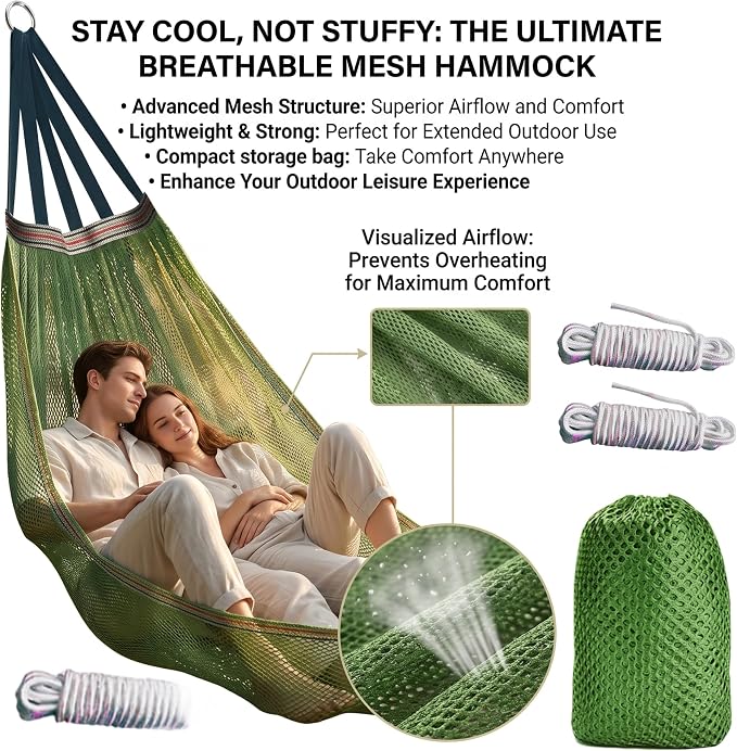 Hammock Camping, Breathable Mesh Portable Hammock, Anti-roll Outdoor Hammocks for Adults, Includes Storage Bag Green