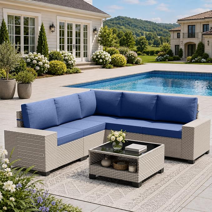 6-Piece Outdoor Patio Furniture Set, Modular Sectional Sofa Set with Glass Coffee Table and Cushions, Wicker Outdoor Couch Conversation Sets, Blue