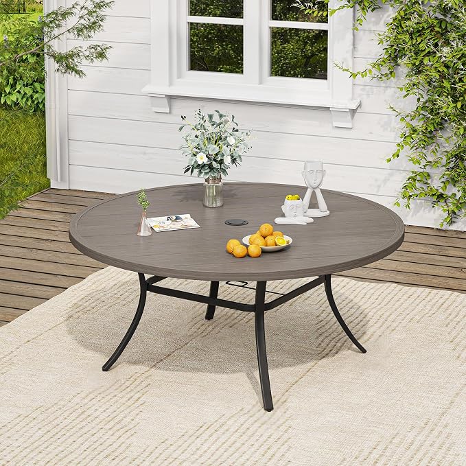VICLLAX Patio Dining Set, 63" Grey Table & 6 Chairs with Grey Cushion | Outdoor Table and Chairs Set of Round Metal Patio Table, Outdoor Dining Chairs with Metal Frame, Garden Deck Porch