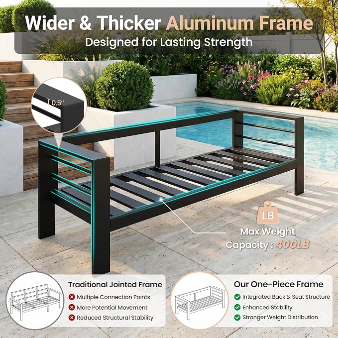 Solaste Aluminum Outdoor Loveseat with Coffee Table,2 PCS Patio Furniture Set with Cushions, All-Weather Outdoor Patio Sofa Sets for Balcony, Deck, Backyard, Porch, Garden, Light Grey