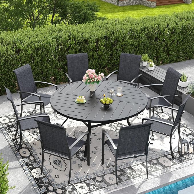 DIFY 9 Pieces Outdoor Dining Set, Metal Patio Table and Chairs Set for 8 with Umbrella Hole, 53.1" Round Dining Table and Textilene Stackable Patio Chairs for Garden Backyard Poolside, Black