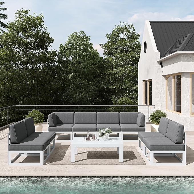 LayinSun 9 Pieces Modern Aluminum Patio Furniture Set with Coffee Table, Outdoor Modular Sectional Conversation Set L-Shaped Sofa for Backyard