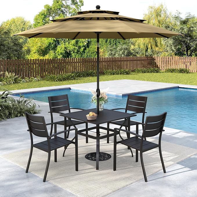 MFSTUDIO Outdoor Dining Set with Umbrella, Metal Patio Dining Set for 4 Persons, 6 Piece Patio Furniture Set with Beige Umbrella (Base not Included)