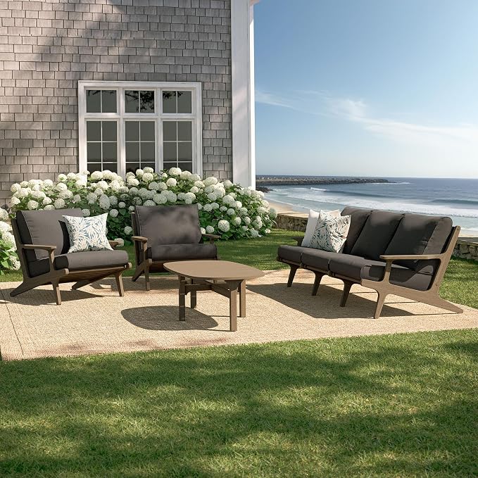 Modway Saratoga 4-Piece Teak Wood Outdoor Furniture Set in Weathered Gray Flint - Patio Conversation Set with Sofa, 2 Armchairs, and Coffee Table