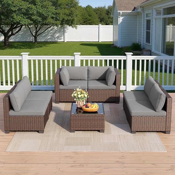 Qsun 7 Pieces Outdoor Patio Furniture Set, PE Rattan Outdoor Wicker Sectional Furniture Sofa Set, with Cushions and Glass Coffee Table, for Balcony, Porch, Garden, Grey