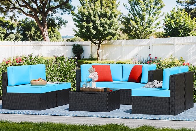 Vongrasig 7 Pieces Outdoor Patio Furniture Sets, Outdoor Sectional Rattan Sofa, PE Manual Weaving Wicker Patio Conversation Set with Cushion, Glass Table, Red Pillow (Blue)