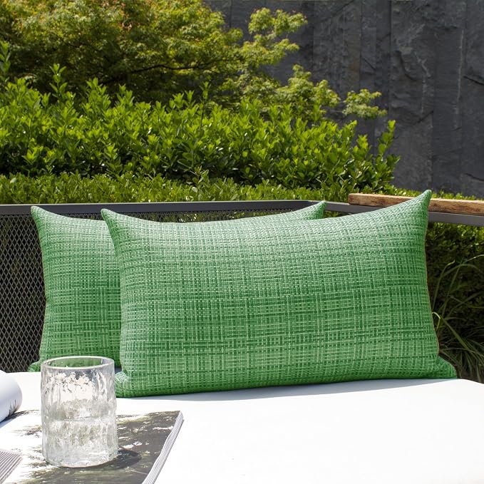 Kevin Textile Outdoor Waterproof 12"x20" Pillow Covers 2 Pack, Sage Green | Water Resistant, Faux Linen Yarn-dyed, Woven Texture Throw Pillow Covers for Tent Patio Garden Couch Sofa