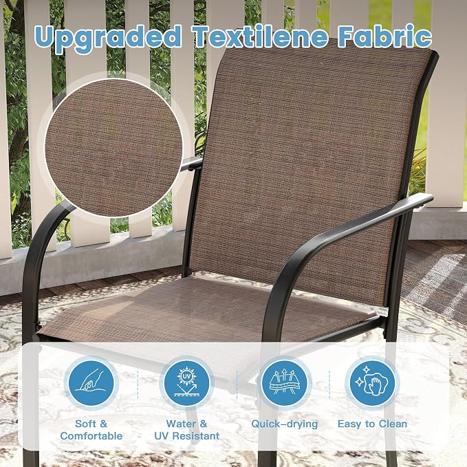 DIFY 7 Pieces Outdoor Patio Dining Set for 6, 63" Black Rectangle Metal Dining Table and 6 Brown Stackable Sling Dining Chairs, Outdoor Table and Chairs for Lawn Garden Backyard Deck