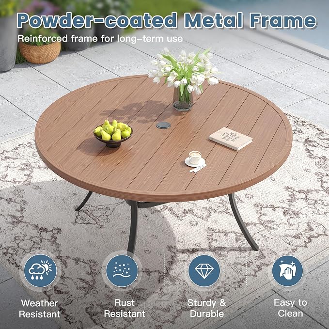 DIFY 7 Piece Outdoor Patio Dining Set for 6, Patio Table and Chairs Set with Umbrella Hole, 50" Round Dining Table and Stackable Metal Chairs for Backyard Garden Poolside, Walnut & Black