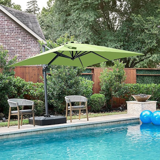 PURPLE LEAF 8' X 8' Patio Umbrella with Base for Pool 7' High Offset Outdoor Cantilever Umbrella Swimming Pool Umbrella with 360°Rotation for Poolside Apple Green