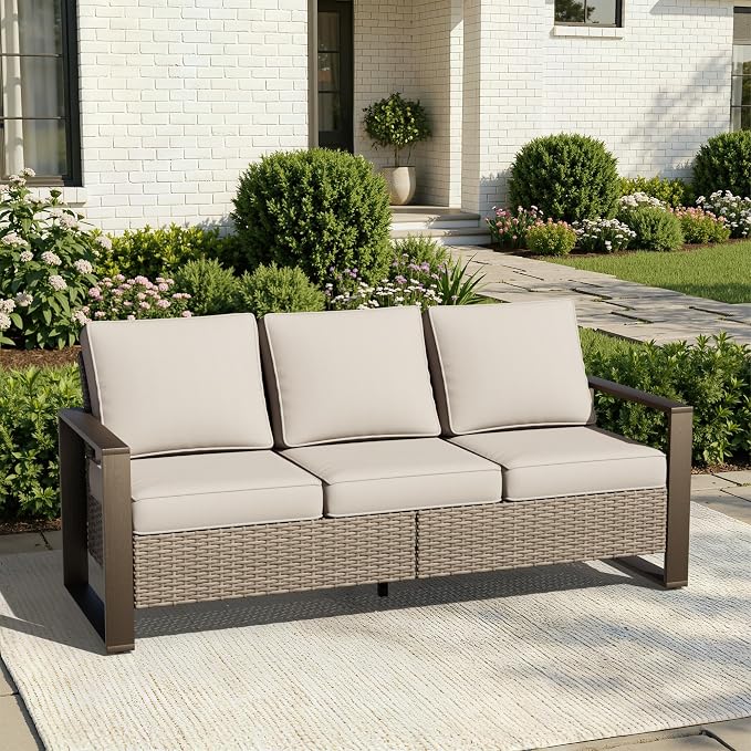 Joyside Outdoor Patio Wicker Sofa, 3-Seater Rattan Sofa with Thick Olefin Cushions and Metal Steel Rectangular Framed Armrest -Looking Metal Armrest Suitable for Garden, Backyard, Porch, Deck, Beige