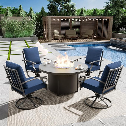 Kullavik 5 Piece Metal Outdoor Patio Furniture Set with Fire Pit Table,Outdoor Dining Table Set with 4 Swivel Chairs and 55000 BTU Outdoor Round Fire Pit,Navy Blue