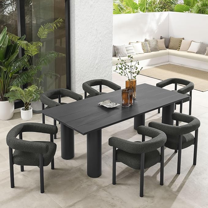 Modway Nautica 7-Piece Outdoor Rectangular Dining Set in Charcoal Graphite – Aluminum Patio Table and Chairs for 6 – Deck Table and Chairs - Outdoor Dining Set with Upholstered Curved Back Armchairs