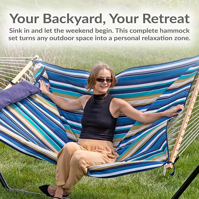 Sunnydaze Rope Double Hammock with Stand for Outside - Heavy Duty Freestanding Portable Outdoor Hammock Set with Quilted Pad, Pillow, and 12-Foot Steel Frame - 450 lb Capacity - Lakeview