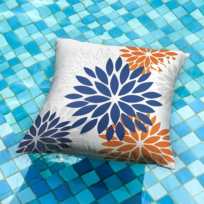 DFXSZ Outdoor Waterproof Pillow Covers 18x18 Set of 2 Blue Orange Flower | Spring Summer Waterproof Flower Throw Pillowcases（No Inserts）Outdoor Decor for Fall Patio Funiture Garden Polyester Covers
