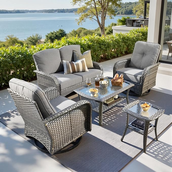 CAODOC 5 Pieces Patio Furniture Set,Outdoor Furniture with Rockers, Rattan Conversation Sets w/Coffee Table, Grey Wicker Light Dark Gray Cushion