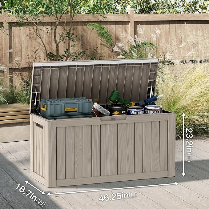 Mars Villa 80 Gallon Deck Box, Outdoor Storage Box Waterproof, Outside Resin Storage Bin for Outdoor Patio Furniture Cushion, Pool Supply, Garden Tool, UV-Resistant and Weatherproof, Greige