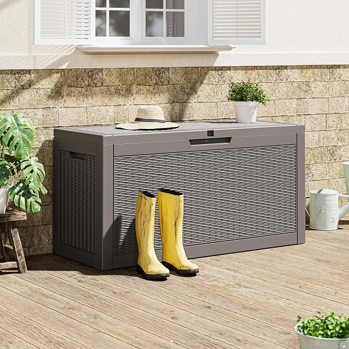Outdoor Storage Box, 72 Gallon Resin Deck Boxes Outdoor Waterproof For Patio Furniture, Garden Tools, Pool Supplies, Lockable And UV Resistant (Rattan Gray)