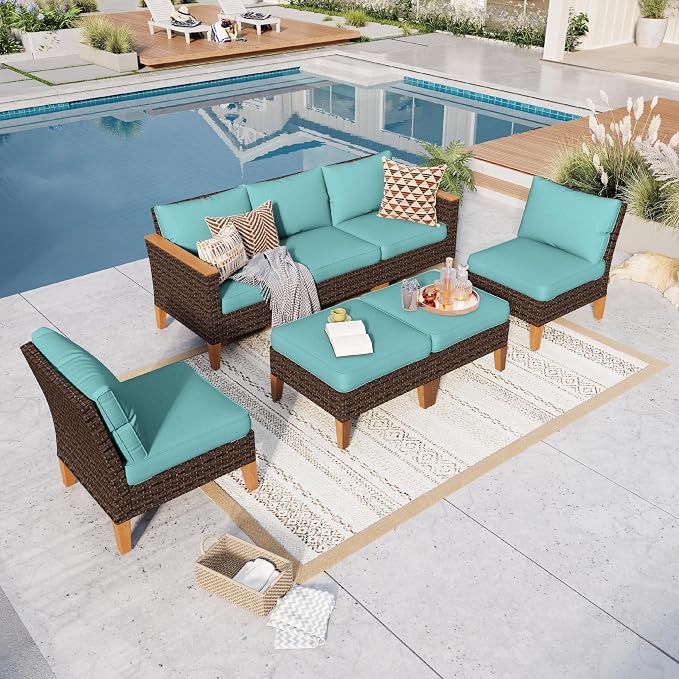 GREEN PARTY 7 Pieces Wicker Patio Furniture Set, All-Weather Outdoor Rattan Patio Sectional Sofa Conversation Set with 4" Thick Cushions for Garden, Backyard, 2 x Ottomans (Blue)