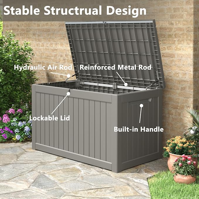 KAMABOKO 260 Gallon Outdoor Storage Box, Resin Deck Boxes Indoor and outdoor, Waterproof Storage Box Lockable Lid for Garden Tools, Package Delivery, Patio Cushions, Grey