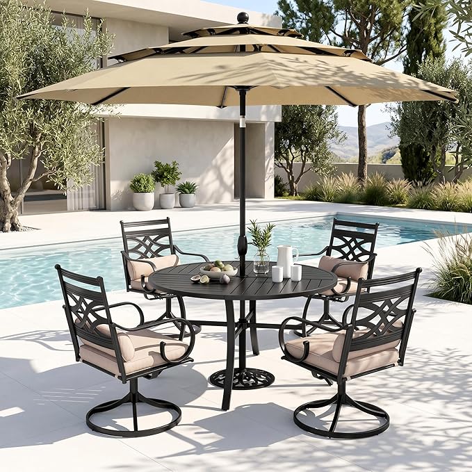 PHI VILLA 4 Piece, Outdoor Dining Set, Round Metal Table, 10ft Umbrella | 10ft 3-Layer Auto-tilt Round Umbrella, Swivel Chairs, Cushions, Beige