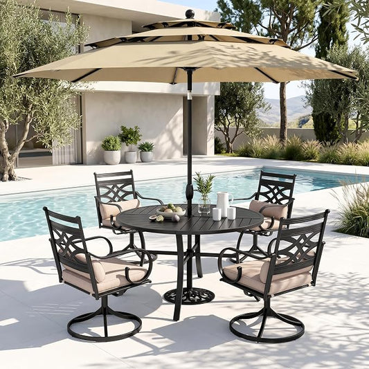 PHI VILLA 4 Piece, Outdoor Dining Set, Round Metal Table, 10ft Umbrella | 10ft 3-Layer Auto-tilt Round Umbrella, Swivel Chairs, Cushions, Beige