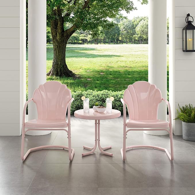 Crosley Furniture Tulip 3-Piece Outdoor Chair and Side Table Set, Retro Metal Patio Conversation Sets, Pink
