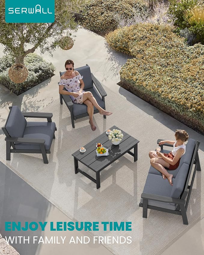 SERWALL HDPE Patio Furniture Set, 5 Piece All Weather Wood-Like Sectional Outdoor Furniture Set, Grey Patio Sofa Couch with Grey Cushions for Deck, Lawn