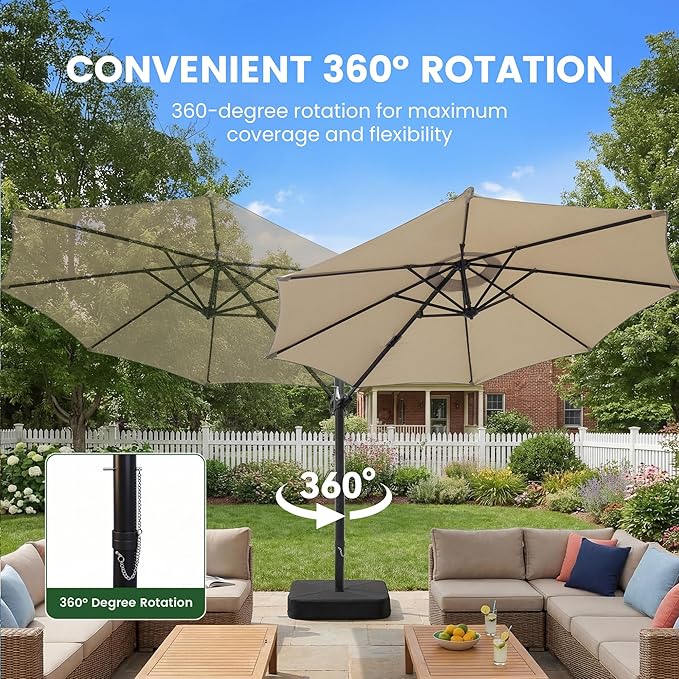 OLILAWN 10ft Patio Umbrella with Base Included, Large Cantilever Offset Outdoor Umbrella with 360°Rotation & Infinite Tilt, Heavy-Duty Frame for Deck, Pool, Backyard, Garden, Champagne