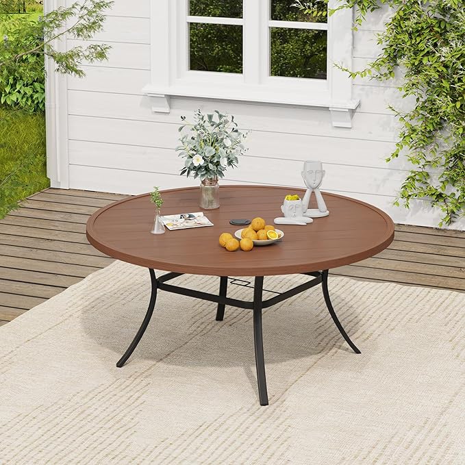 VICLLAX Round Outdoor Dining Set, Patio Table and Chairs Set Set of 8 Patio Stackable Chairs and 53" Outdoor Round Table with Umbrella Hole for Backyard Lawn Garden, Brown Chairs and Walnut Table