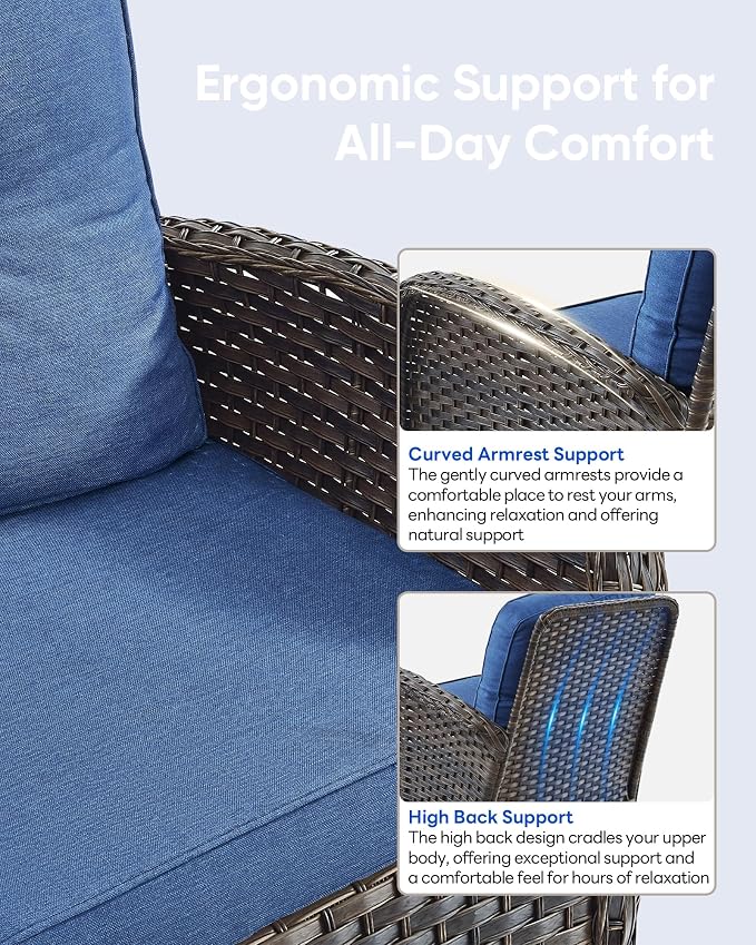 6 Pieces Furniture-Patio Swivel Rocker Chairs Set of 2 3-Seater Wicker Couch with Outdoor Ottoman Outdoor Patio Furniture Set for Deck Porch Garden Balcony Poolside-Brown/Blue