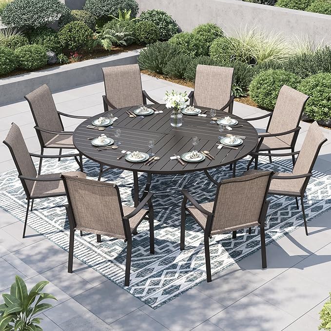 PHI VILLA Outdoor Dining Set for 8, Round Patio Table and Chairs Set, 9 Piece Patio Furniture Set with Metal Table & Textilene Chairs for Deck Garden Yard